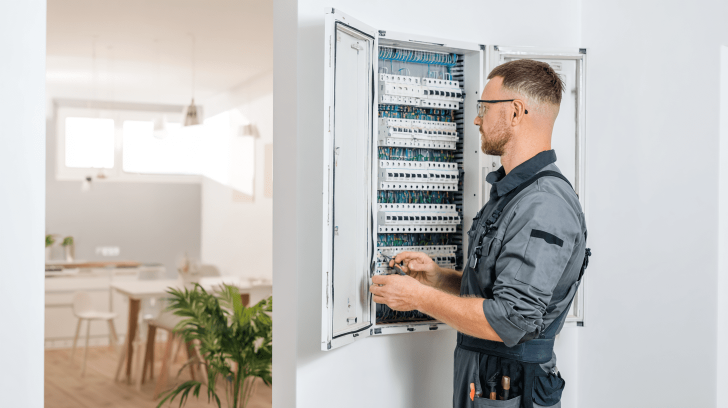 Elektryk sprawdzający bezpieczniki w domowej rozdzielnicy, co obrazuje 1 prawo Kirchhoffa i zasady bezpieczeństwa instalacji.