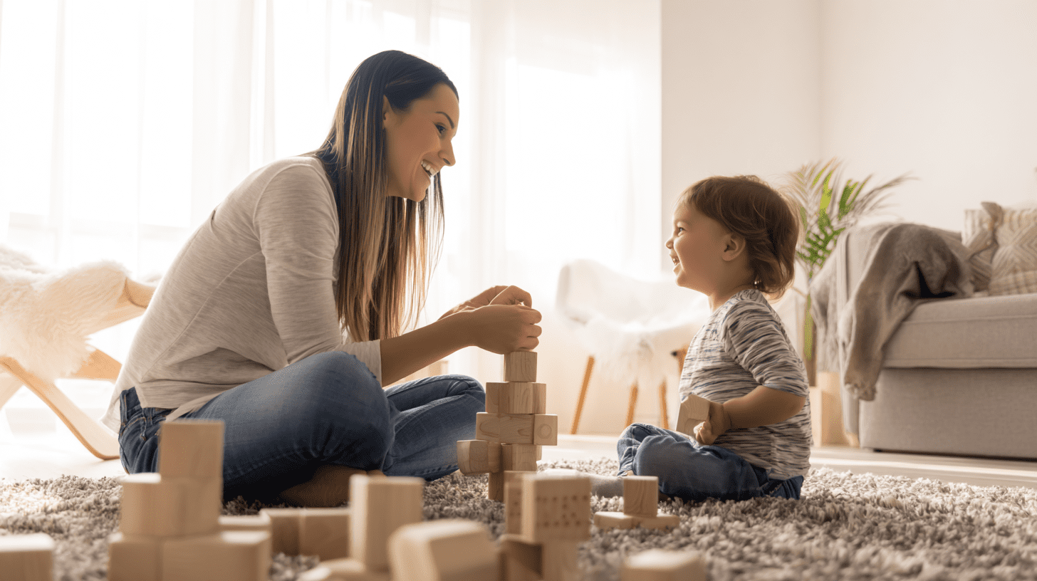 Uśmiechnięta mama bawi się z małym dzieckiem na dywanie, używając dużych klocków, co jest przykładem bezpiecznej zabawki dla małych dzieci.