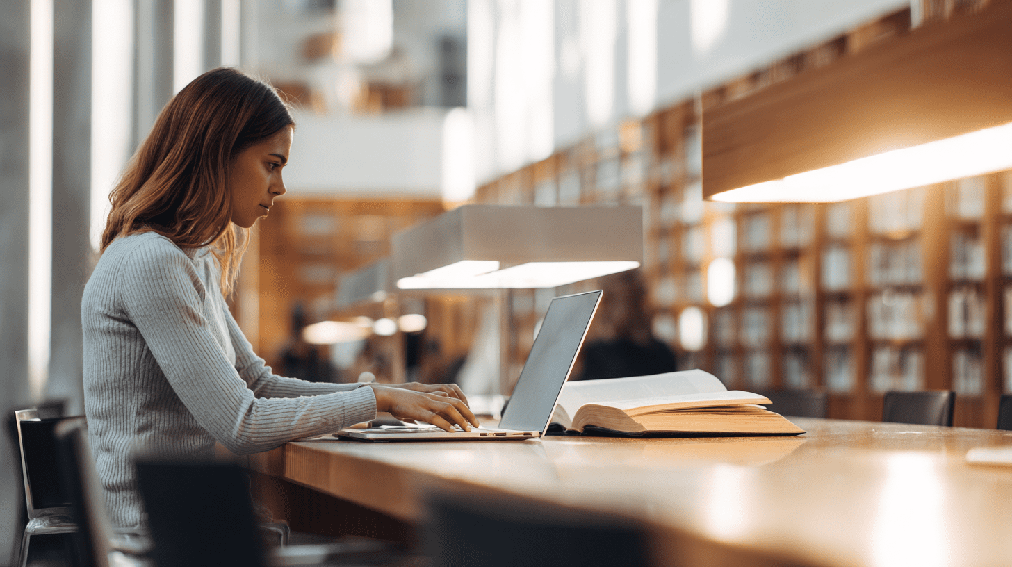 Studentka kierunku bibliotekoznawstwo studia podyplomowe uczy się przy biurku w nowoczesnej bibliotece