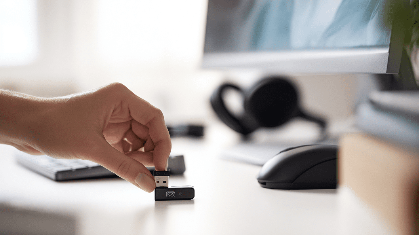 Osoba podłączająca mały adapter Bluetooth do portu USB w komputerze stacjonarnym, aby dodać do niego łączność bezprzewodową.