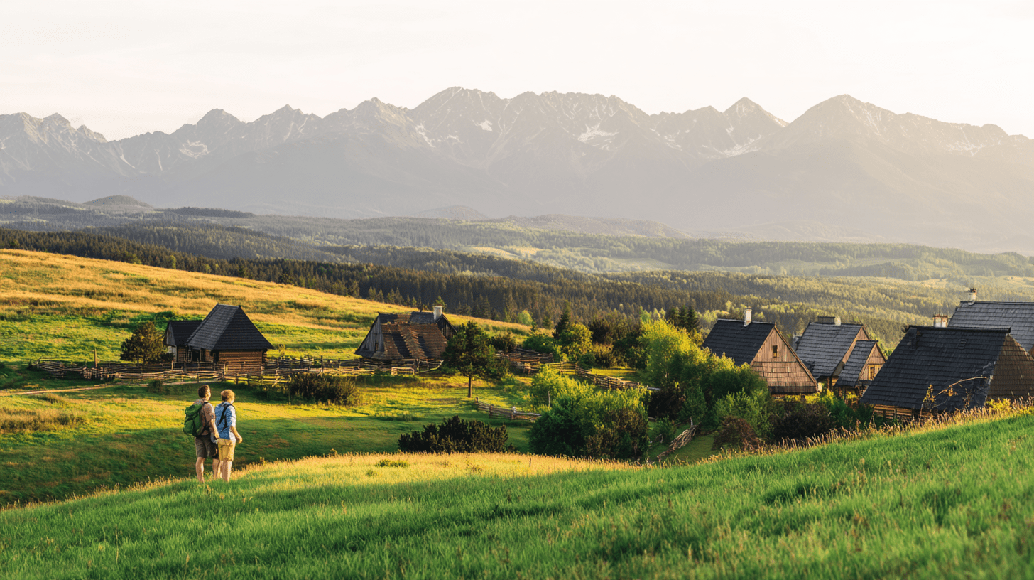 Para turystów podziwiająca malowniczą panoramę Tatr w miejscowości Bukowina Tatrzańska podczas słonecznego dnia.