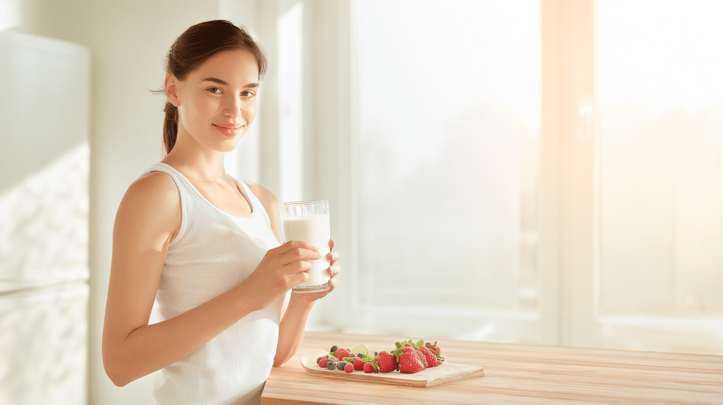 Kobieta w jasnej kuchni trzymająca szklankę naturalnego kefiru, co obrazuje temat czy kefir jest zdrowy.