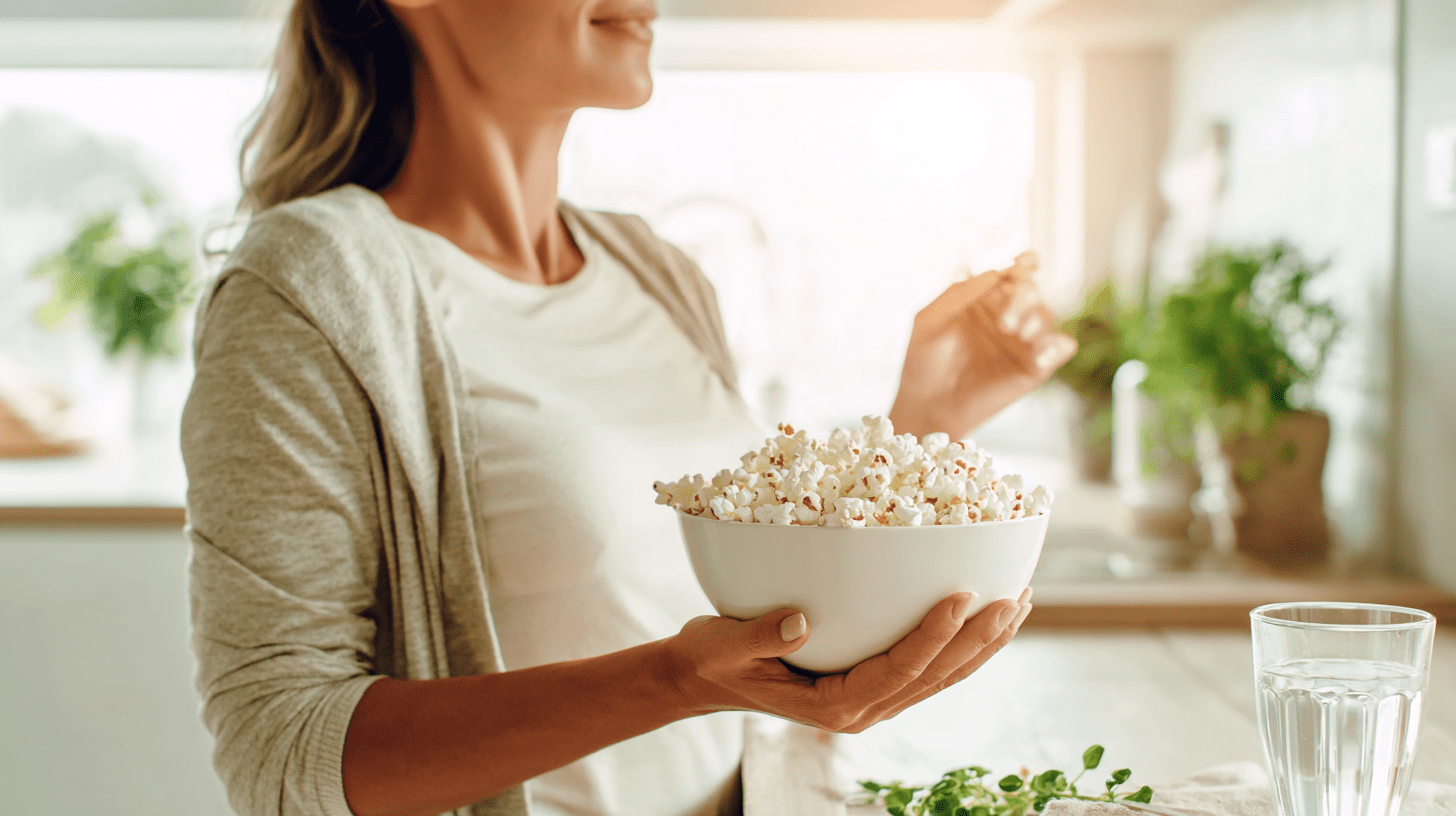 Uśmiechnięta kobieta w jasnej kuchni z miską zdrowego, domowego popcornu bez tłuszczu.