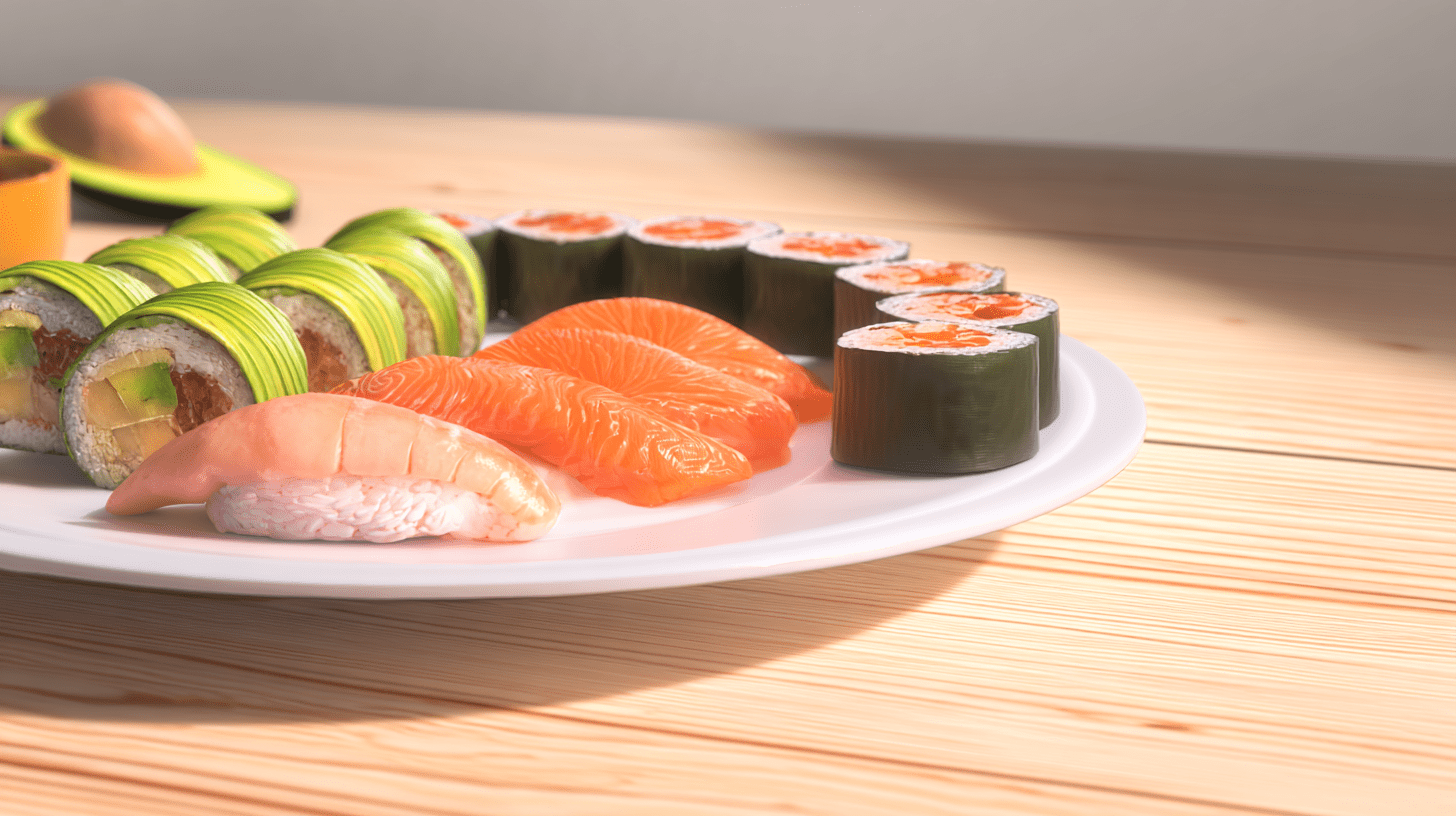 Świeże sushi z łososiem i warzywami na talerzu jako ilustracja dylematu, czy sushi jest zdrowe.