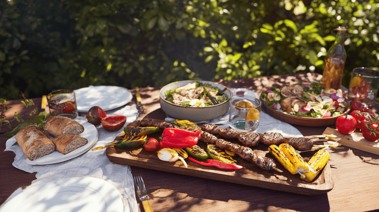Apetyczne dania na grill, w tym grillowane warzywa i szaszłyki, podane na stole w ogrodzie.