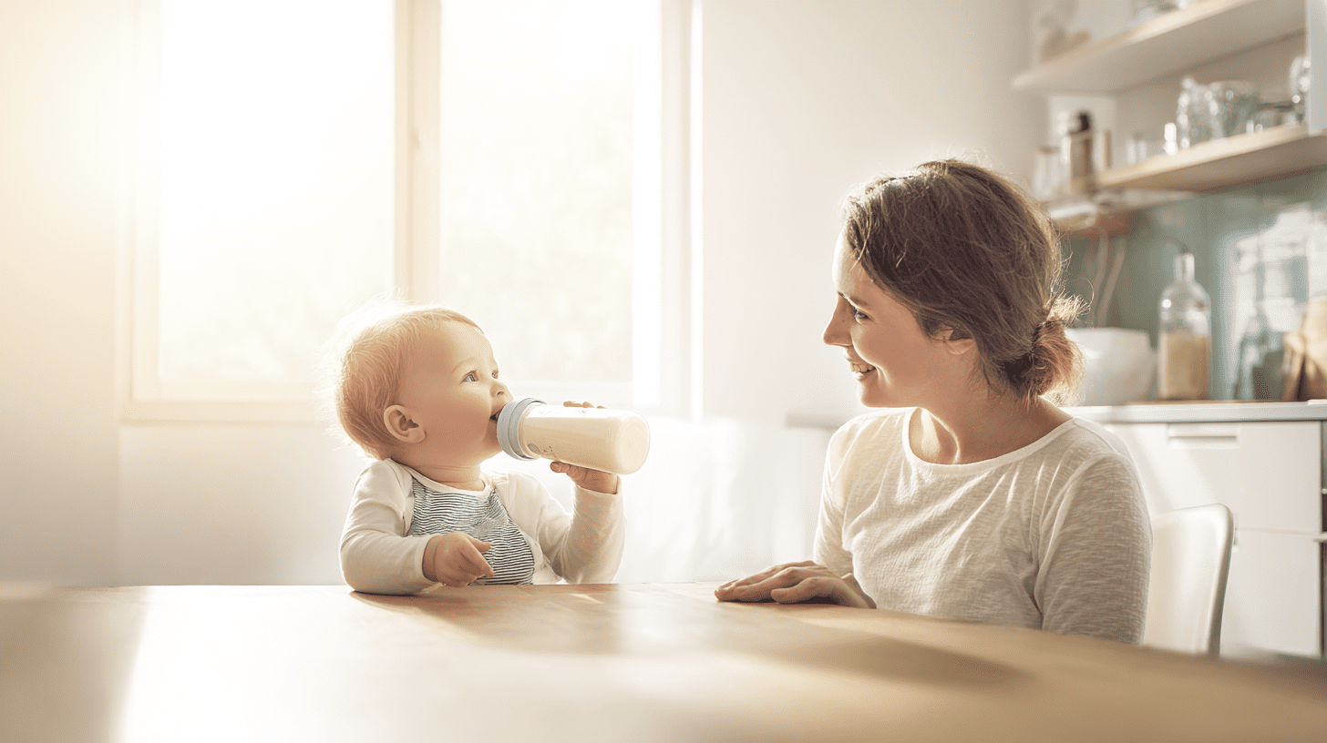Mama siedząca przy stole z małym dzieckiem, które pije mleko modyfikowane z butelki w jasnej, domowej kuchni.