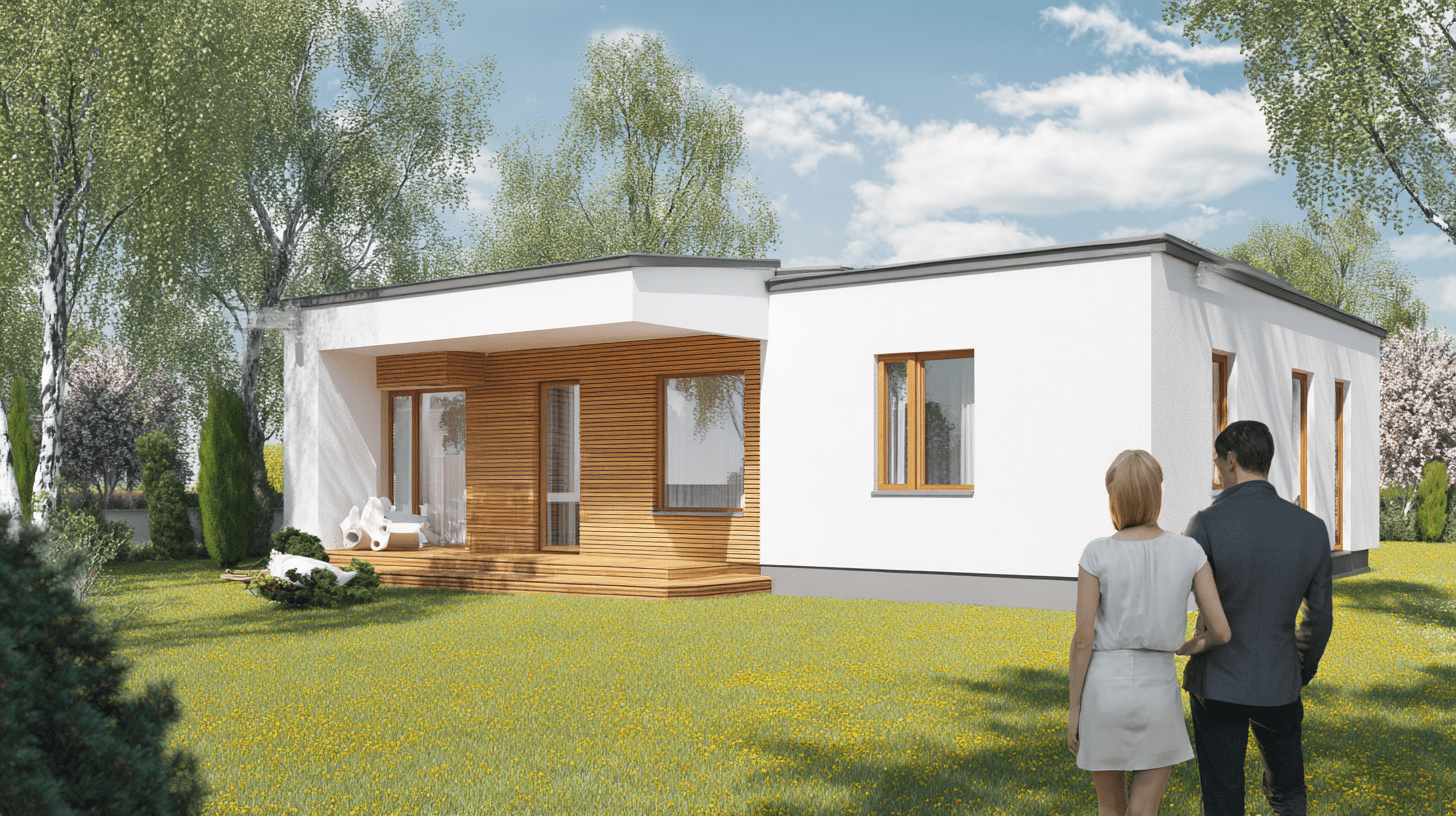 Nowoczesny dom 100 m2 o prostej bryle z dachem dwuspadowym i zadbanym ogrodem.