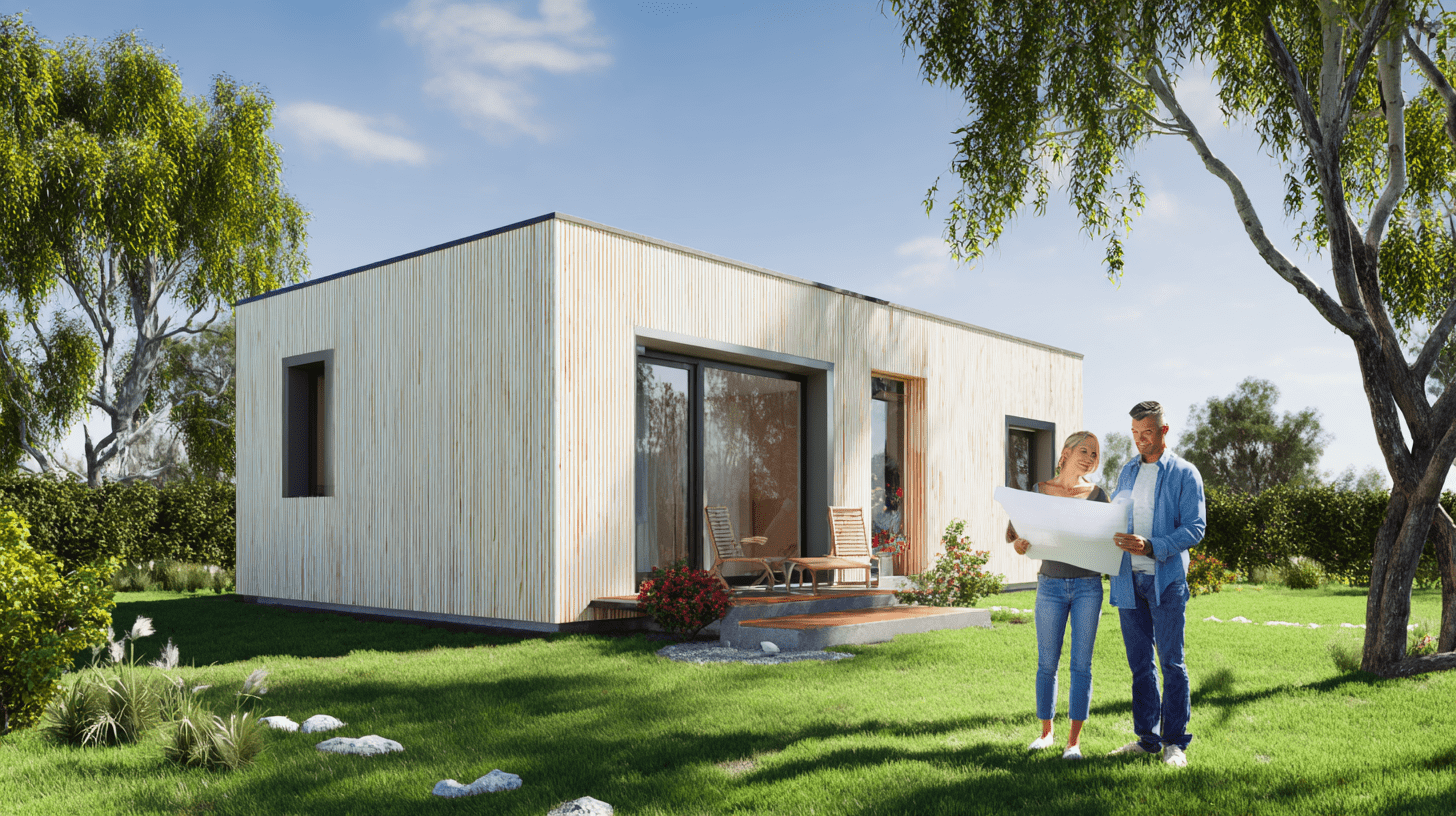Nowoczesny dom bez pozwolenia 70m2 i właściciele trzymający projekt budowlany na tle ogrodu