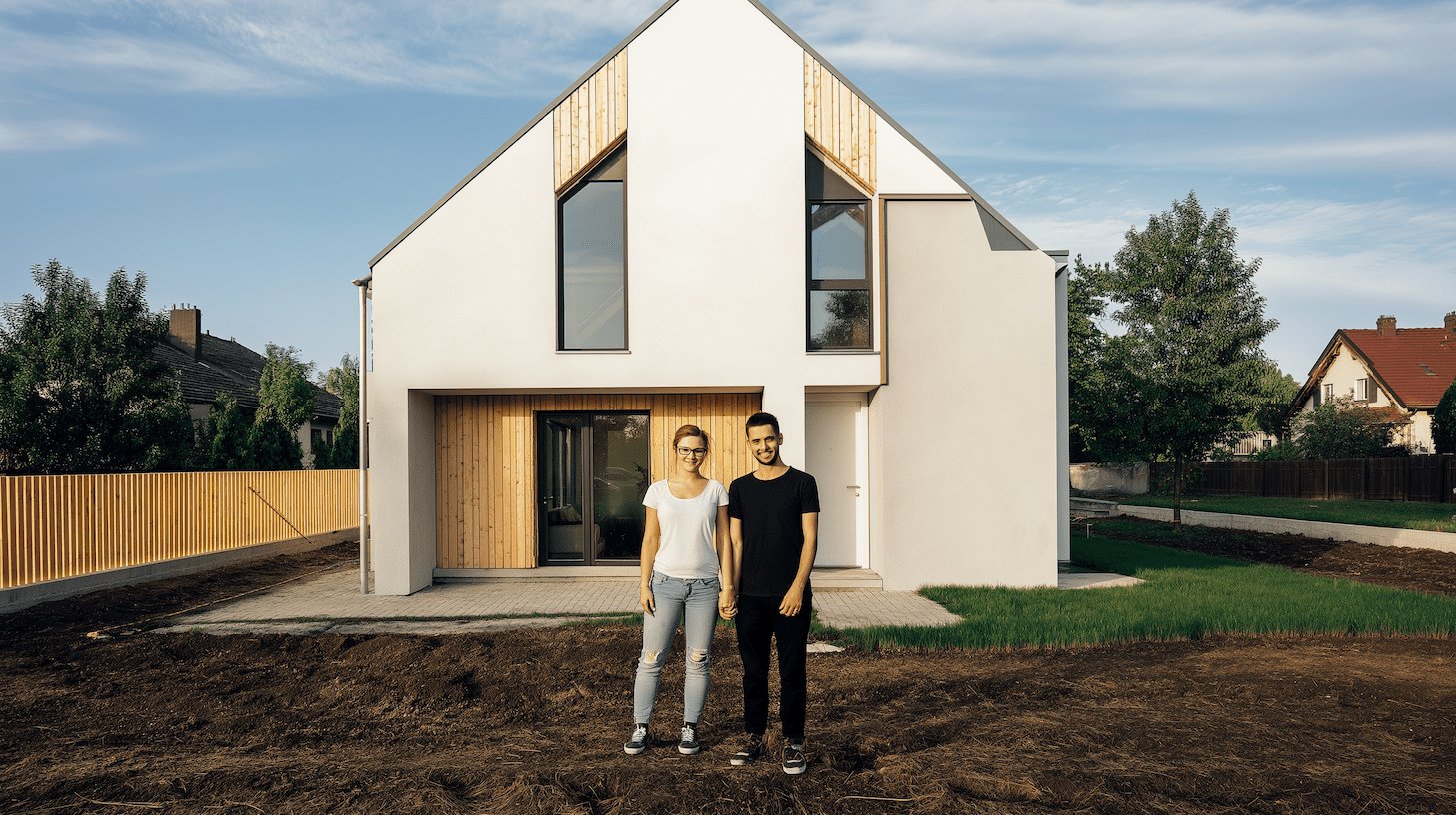 Młoda para stoi przed swoim nowo wybudowanym, nowoczesnym domem bez pozwolenia do 70m², ciesząc się z efektów uproszczonej procedury budowlanej.