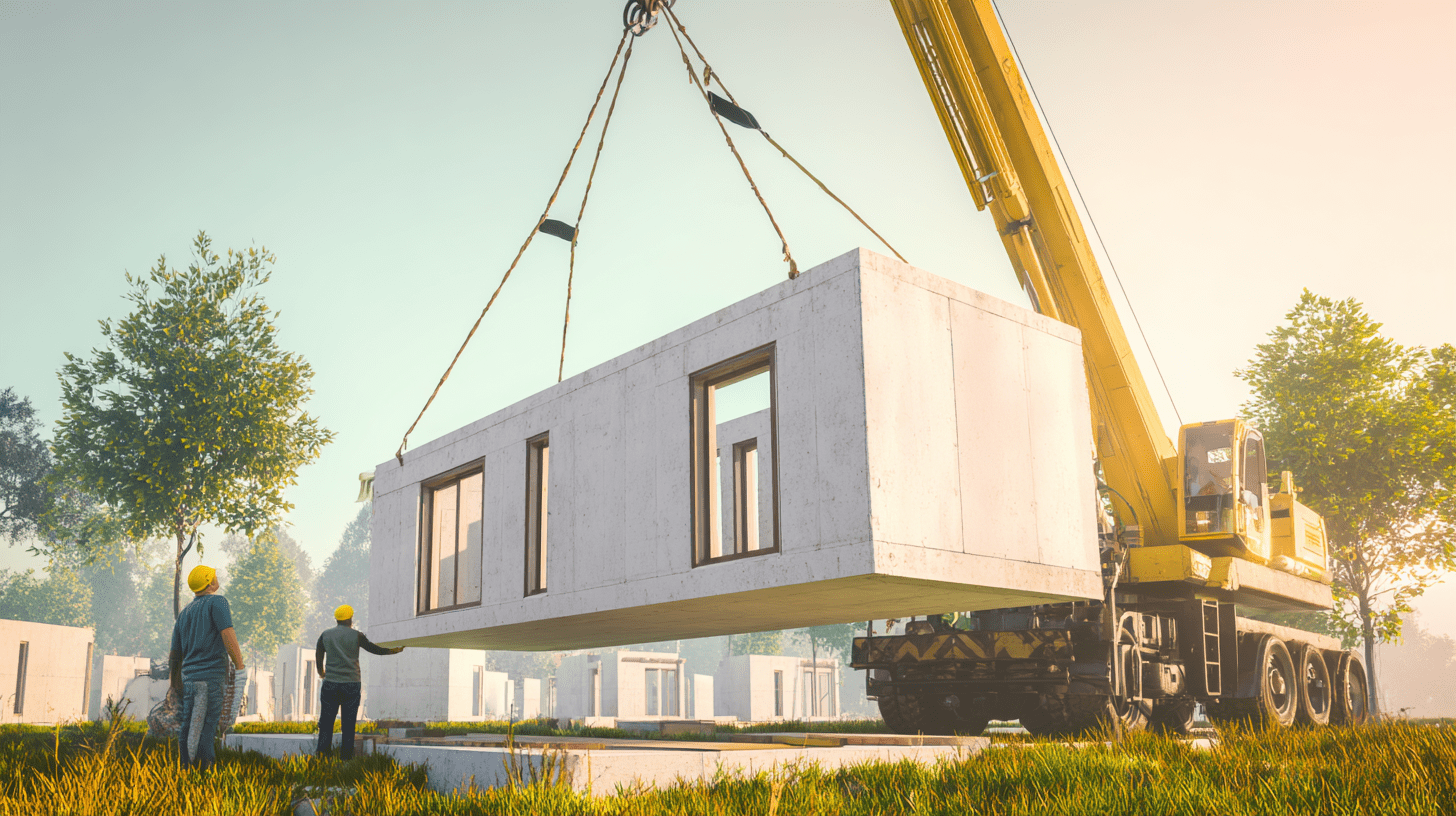 Budowa nowoczesnego domu z prefabrykatów betonowych – dźwig precyzyjnie ustawia gotową ścianę z otworami na okna na fundamencie.