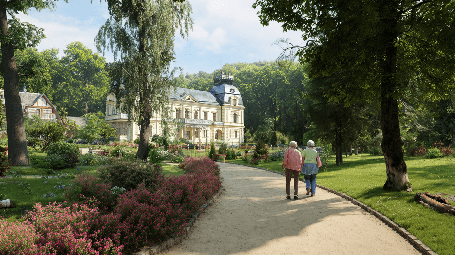 Para turystów spacerująca alejką w Parku Zdrojowym w Dusznikach-Zdroju na tle zabytkowej architektury.