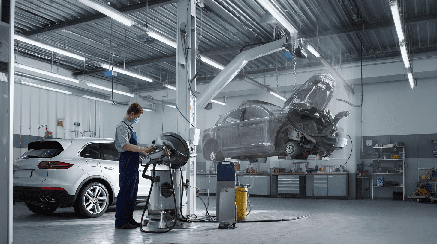 Mechanik w nowoczesnym warsztacie przeprowadza dynamiczną wymianę oleju w automatycznej skrzyni biegów przy użyciu specjalistycznej maszyny.