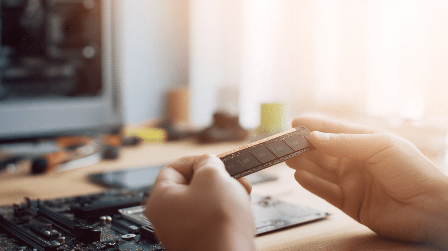 Montaż nowoczesnego dysku do komputera typu SSD NVMe na płycie głównej w jasnym biurze.