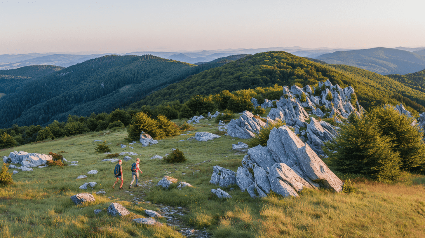 Para turystów na łagodnym szlaku w Górach Świętokrzyskich podziwiająca panoramę regionu i lasy