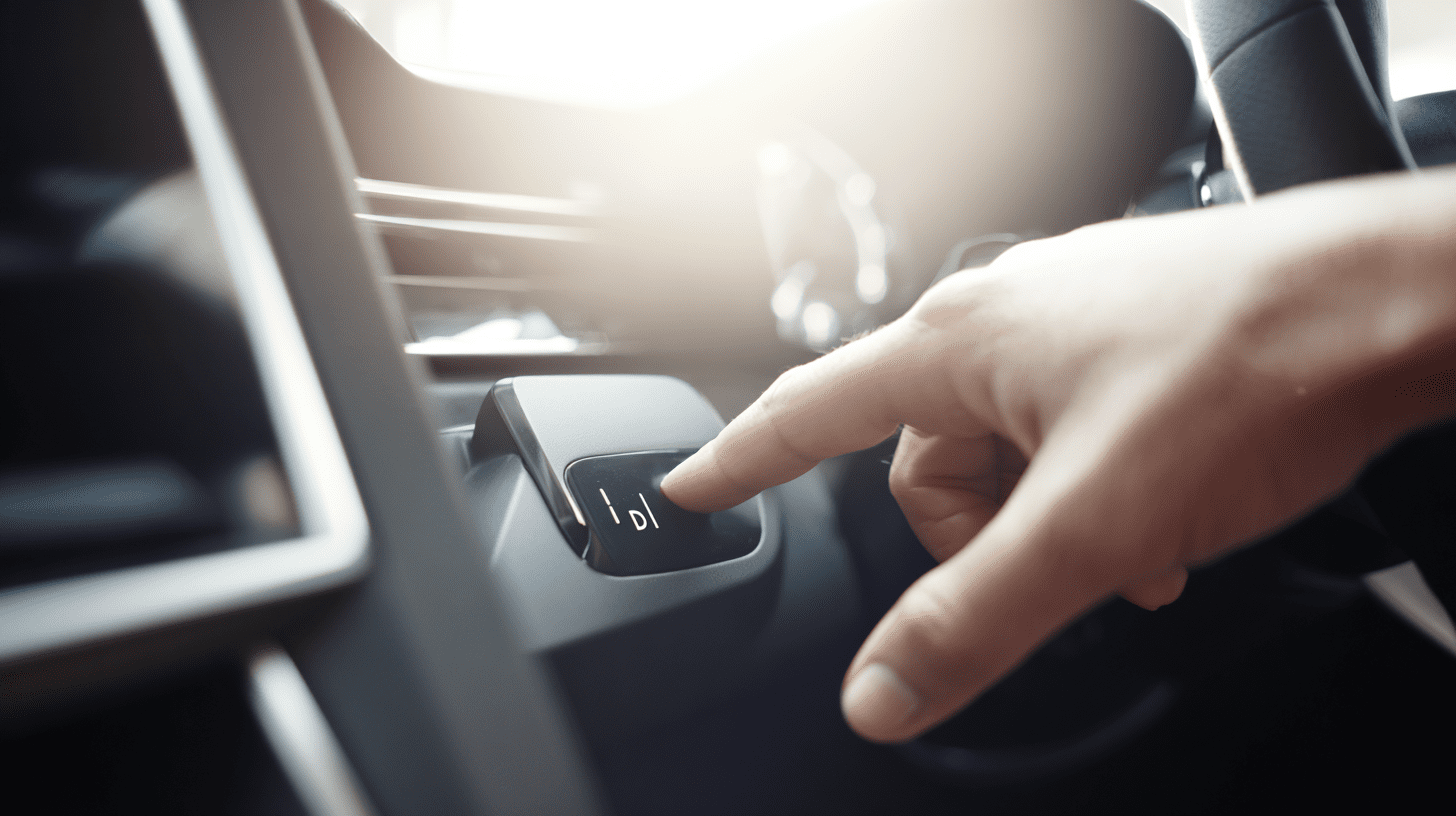 Dłoń kierowcy na selektorze automatycznej skrzyni biegów w nowoczesnym samochodzie, ilustrująca poradnik, jak jeździć automatem.