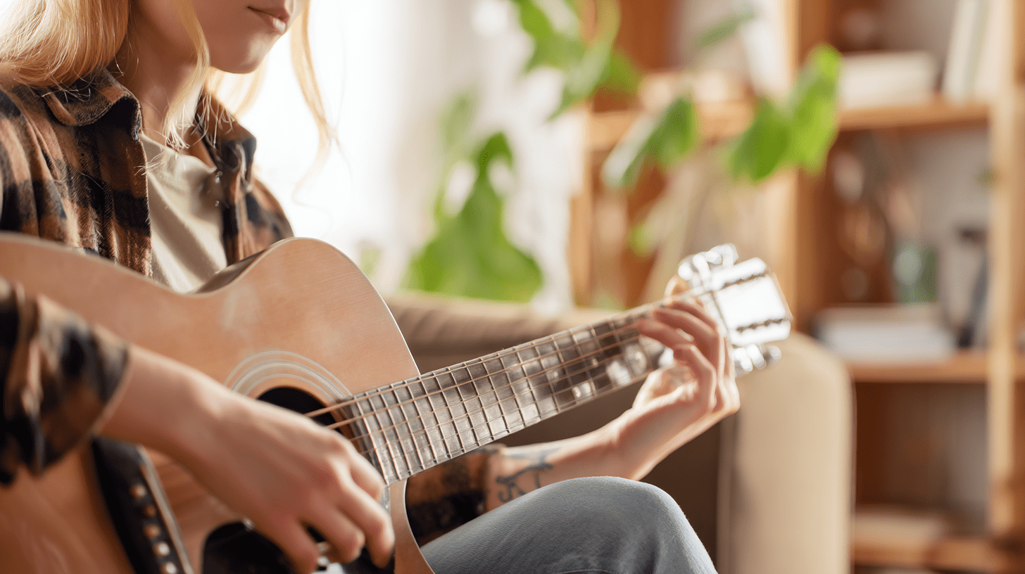 Spokojna osoba siedzi w przytulnym pokoju i uczy się grać na gitarze, skupiona na akordach i budowaniu nowego nawyku.