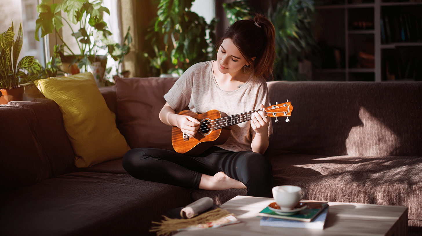 Spokojna kobieta ćwicząca akordy w domu, ilustrująca jak nauczyć się gry na ukulele dla relaksu i rozwoju osobistego.
