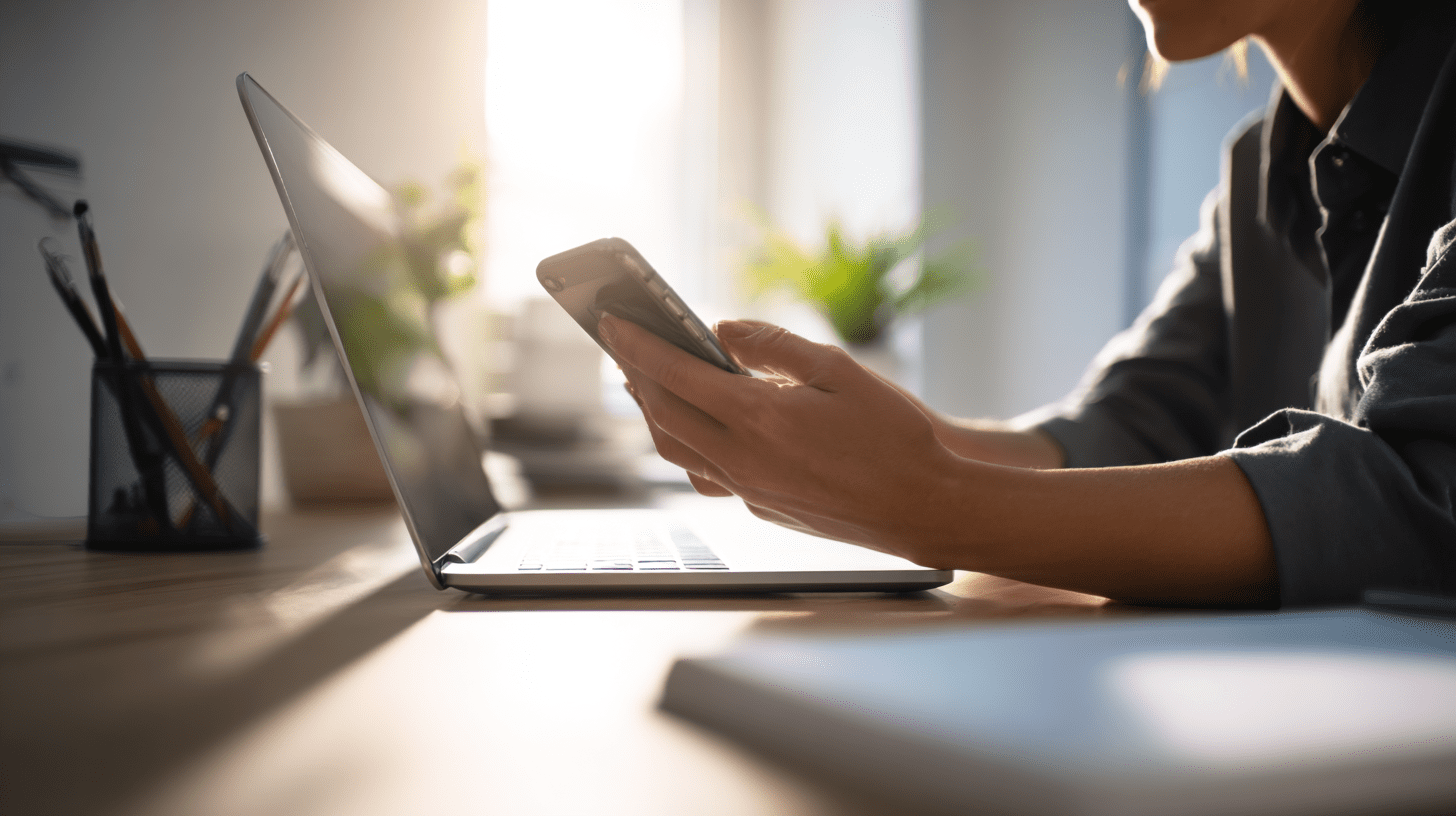 Osoba przy laptopie sprawdzająca telefon, ilustrująca jak odzyskać hasło do FB poprzez weryfikację SMS lub e-mail.
