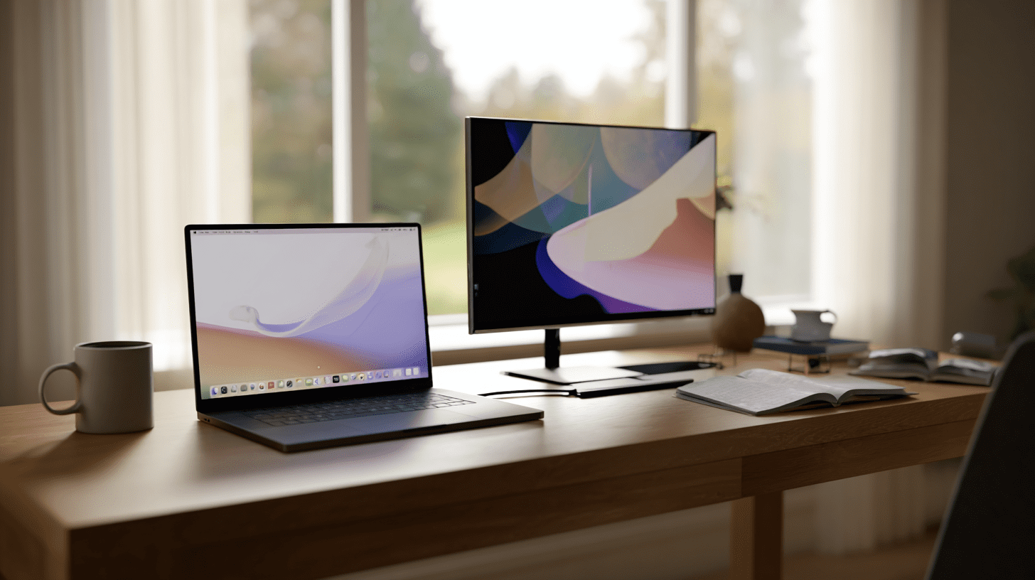 Uporządkowane biurko z laptopem i dodatkowym ekranem ilustrujące, jak podłączyć monitor do laptopa.
