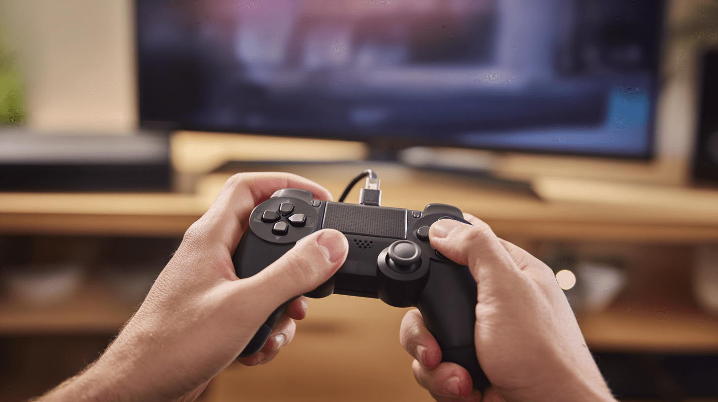 Dłonie gracza podłączające kabel USB do kontrolera, pokazujące jak podłączyć pada do PS4 w prosty sposób.