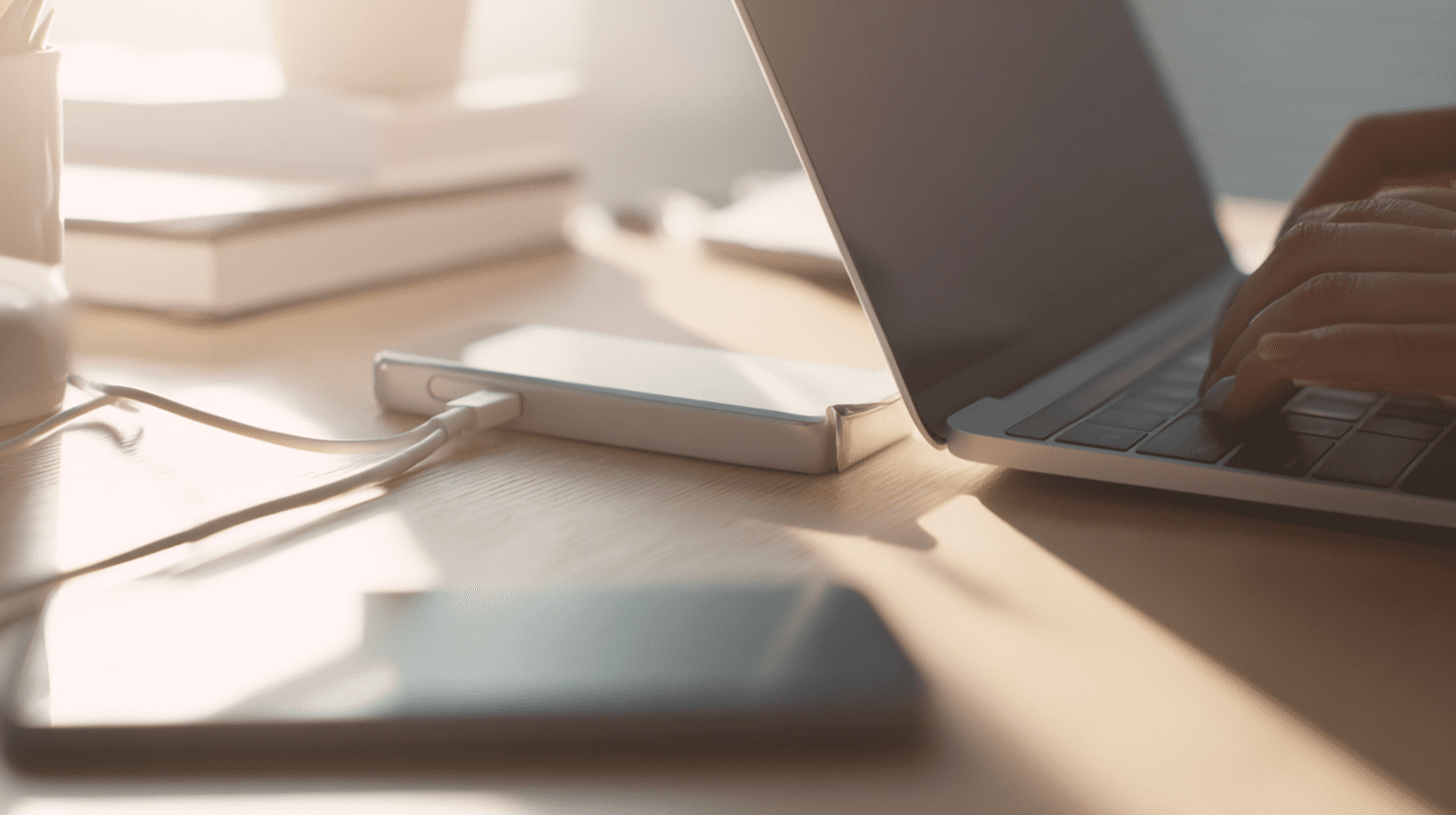 Smartfon podłączony kablem USB do laptopa na biurku, ilustrujący jak przesłać zdjęcia z telefonu na komputer.