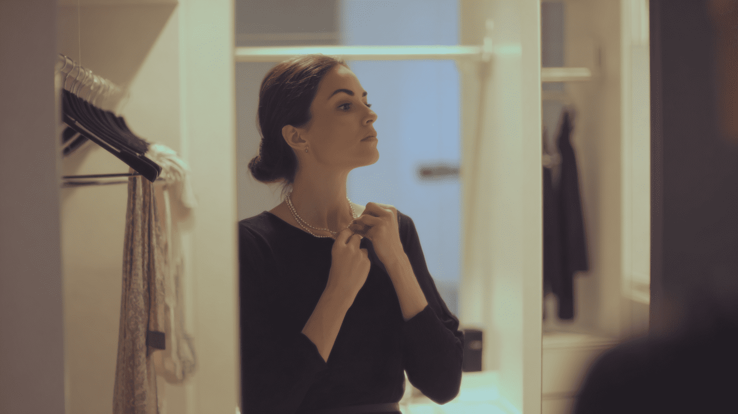 Elegancka kobieta w czarnej sukience stoi przed lustrem, decydując, jak się ubrać do teatru i dobierając subtelną biżuterię.