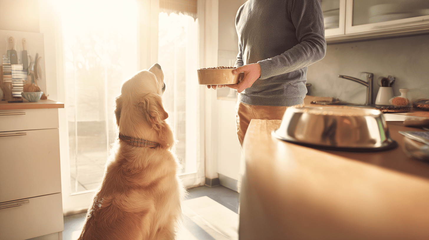 Opiekun przygotowujący w kuchni miskę z pełnowartościową karmą dla psa, dbając o jego zdrową dietę.