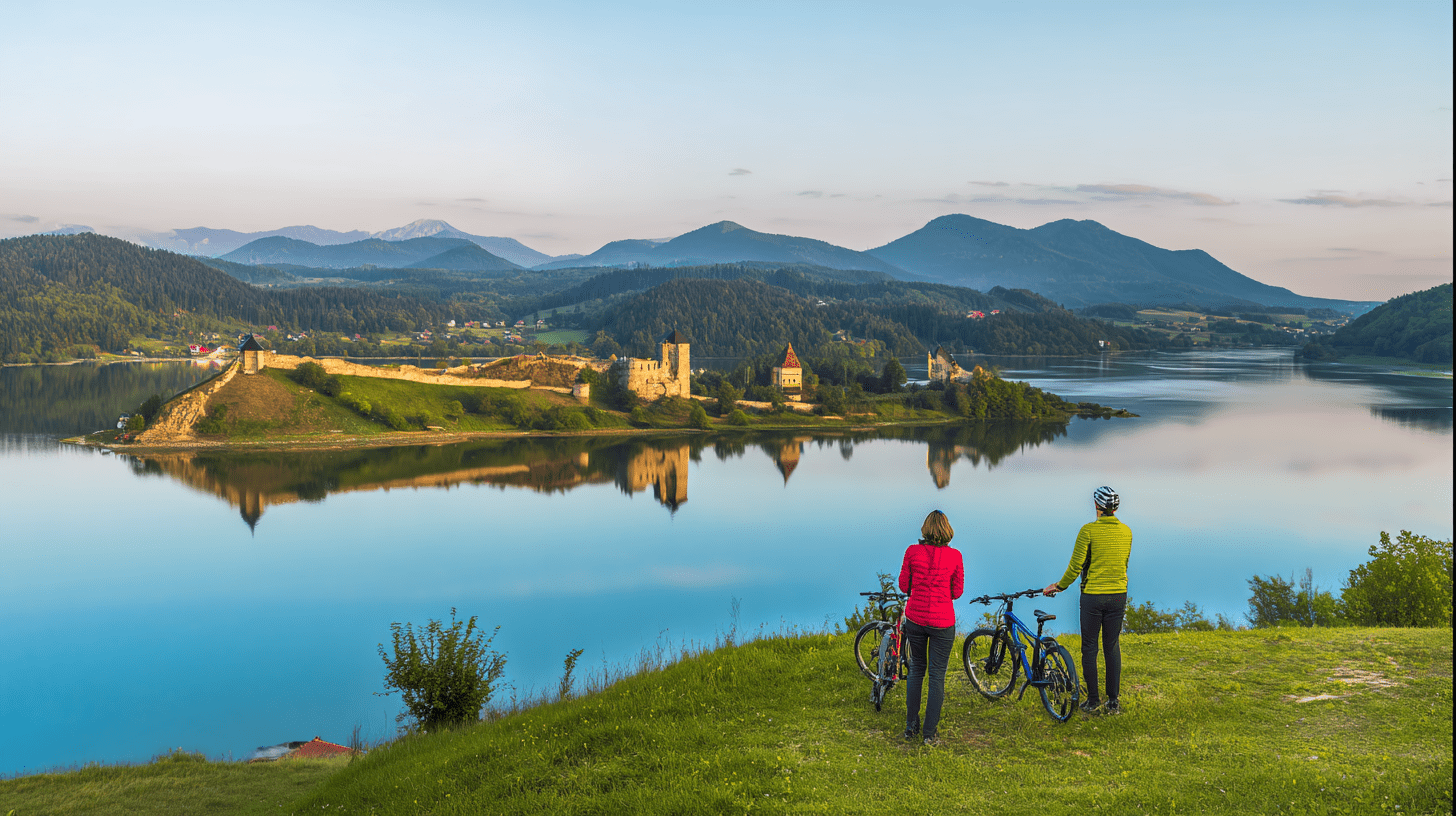 Turystyczna panorama na Jezioro Czorsztyńskie z widokiem na zamek w Niedzicy, ruiny w Czorsztynie i góry w tle.