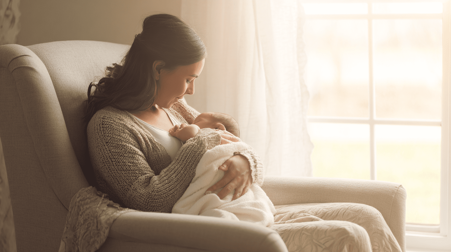 Spokojna mama karmi piersią swoje niemowlę w jasnym pokoju, co jest kluczowym elementem poradnika o karmieniu niemowląt.