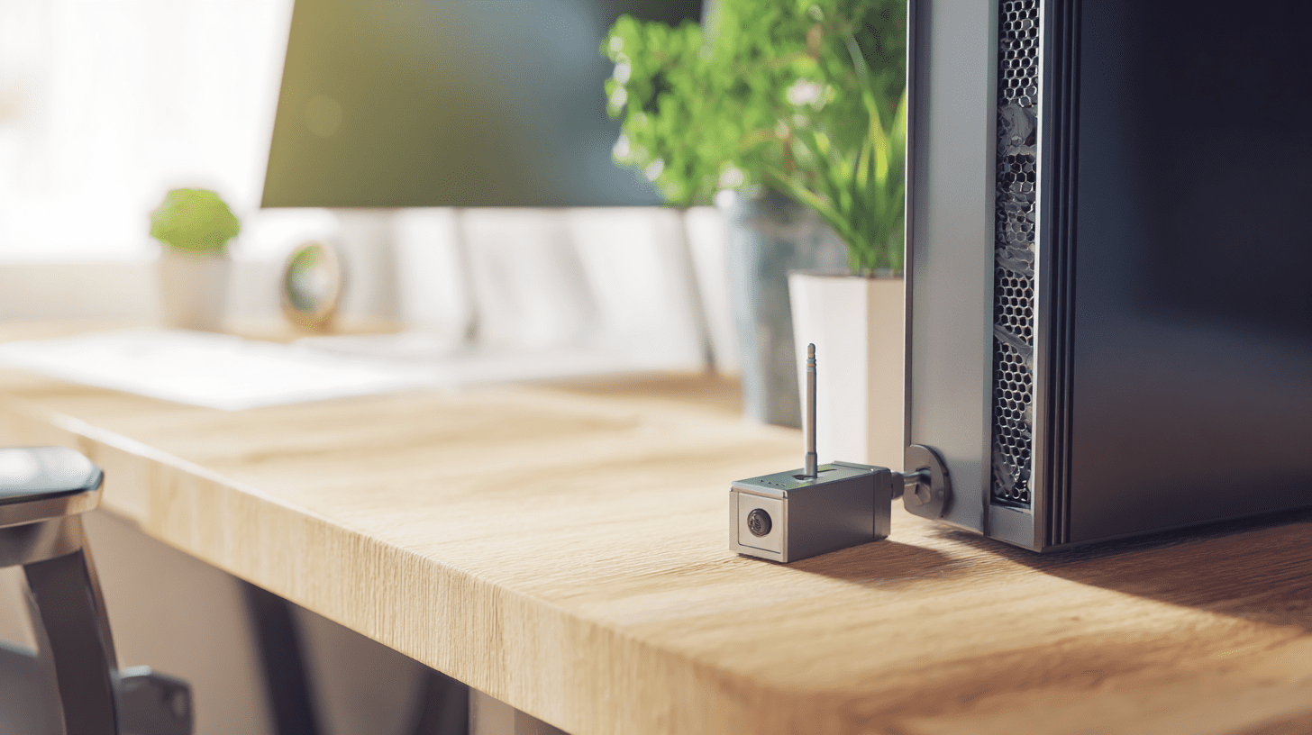 Komputer stacjonarny z podłączoną kartą Wi-Fi na USB stojący na biurku w jasnym pokoju.