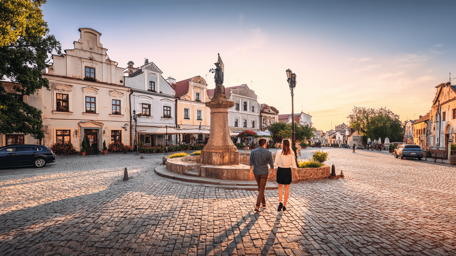 Malowniczy rynek w Kazimierzu Dolnym z zabytkową studnią i renesansowymi kamienicami w tle, idealne miejsce na weekendowy wyjazd.