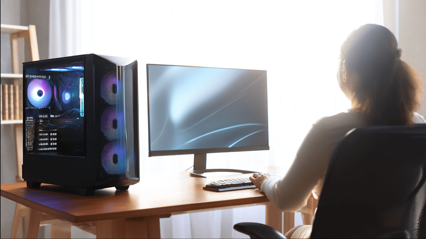 Nowoczesny komputer gamingowy do 3000 zł na biurku z monitorem i podświetlaną obudową