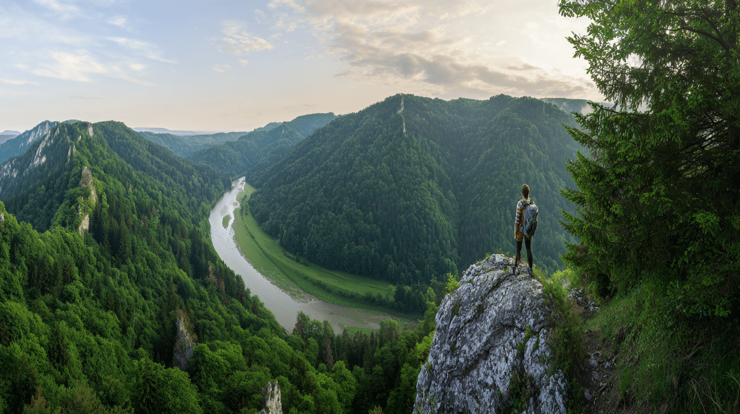 Turystka z plecakiem podziwiająca panoramę Pienin i rzekę Dunajec nad Krościenkiem.