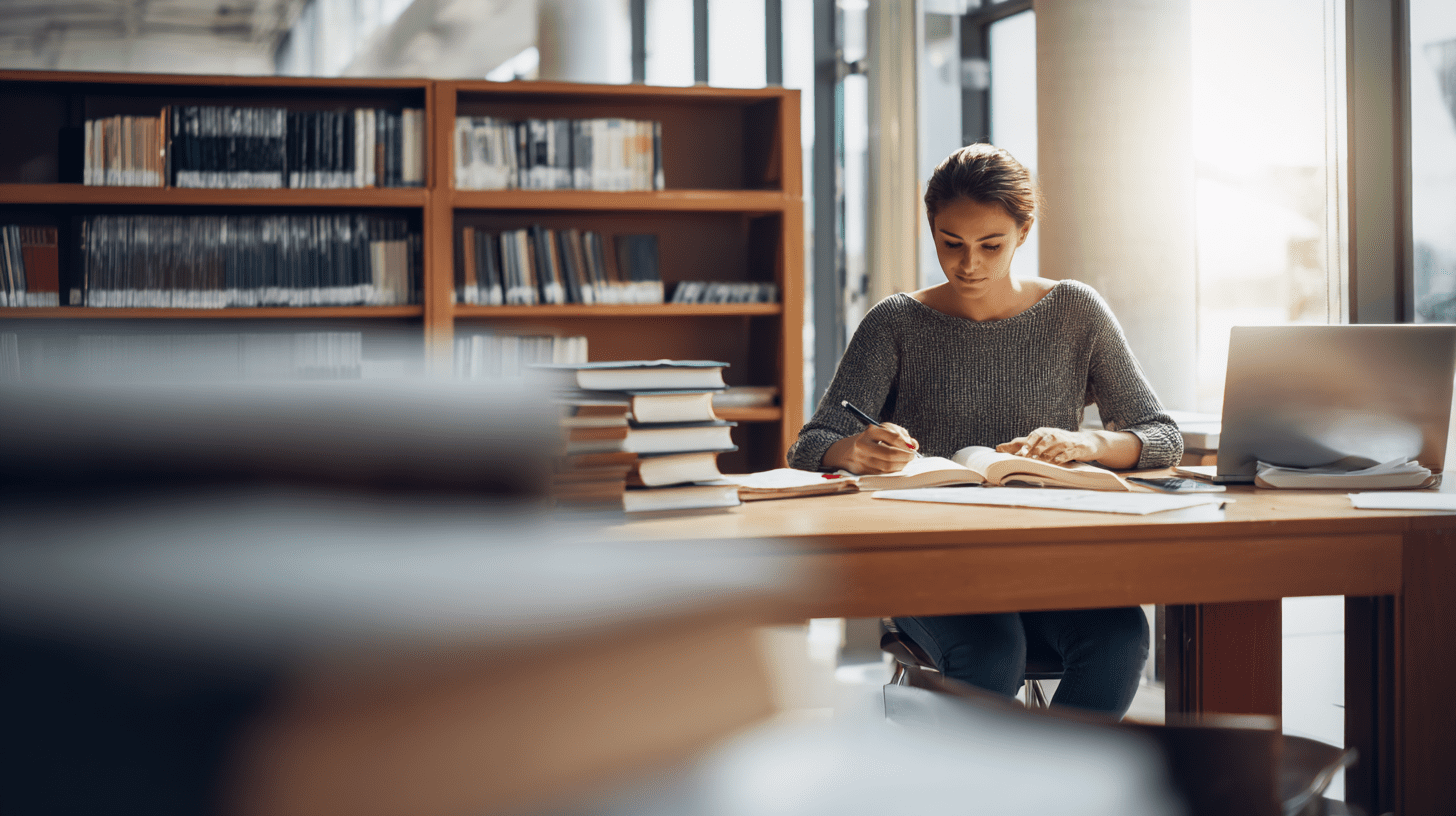 Studentka w bibliotece z książkami przygotowująca się do zajęć na kierunku kryminologia studia