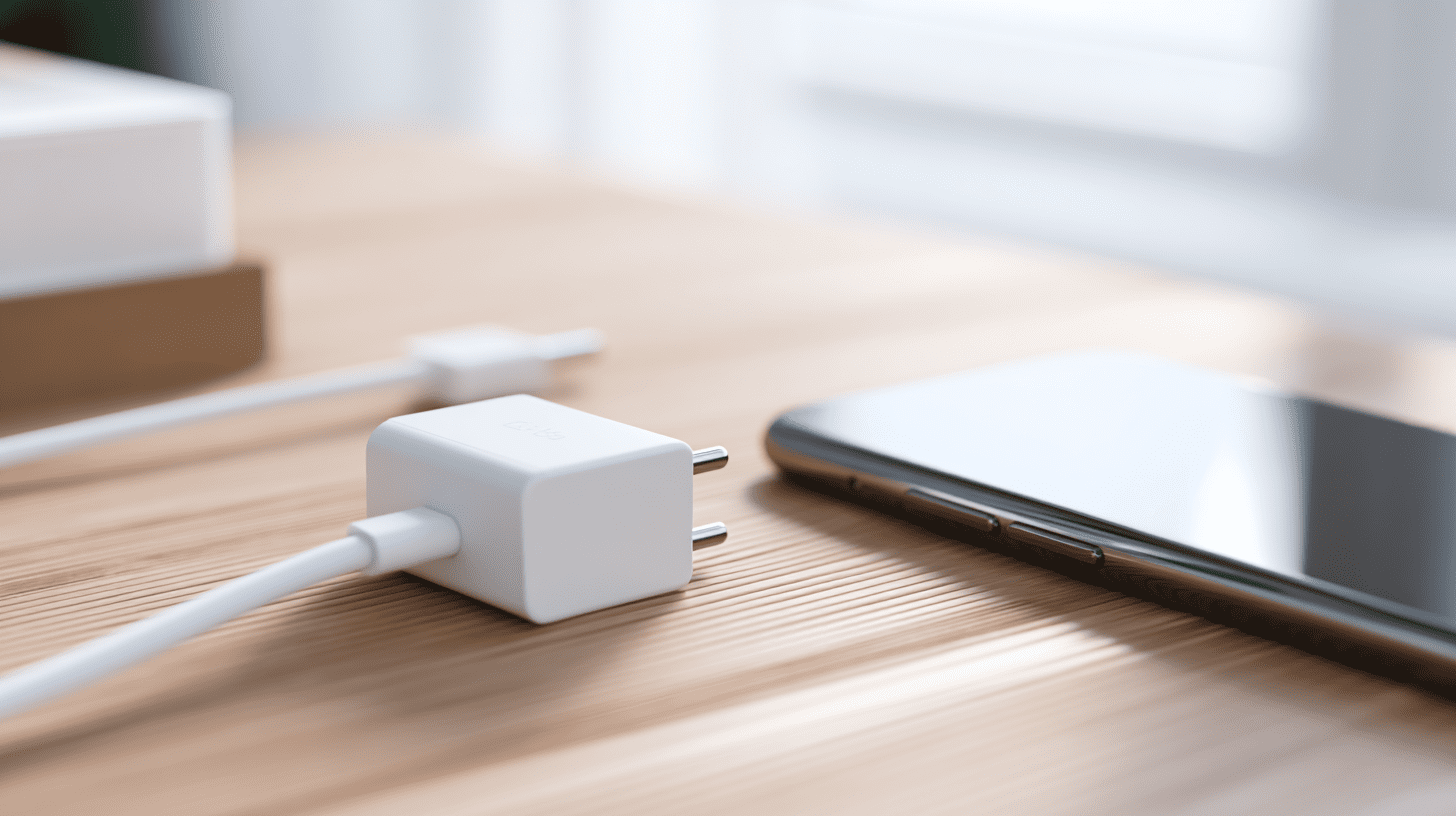 Szybka ładowarka do iPhone 13 z portem USB-C podłączona do telefonu na biurku