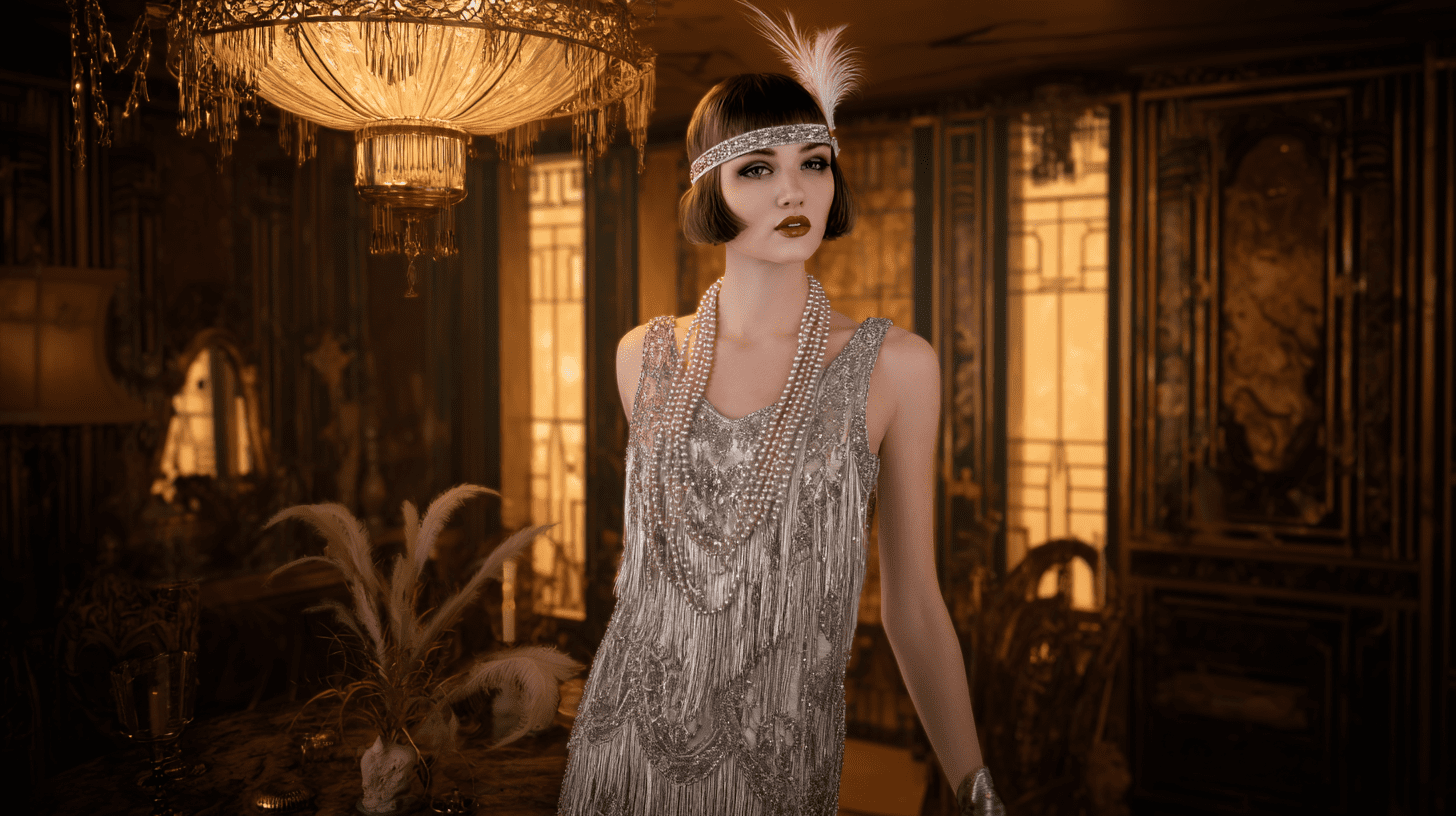 Elegancka kobieta w sukience z frędzlami i opasce z piórem na głowie, prezentująca jak wyglądała moda lat 20. w stylu flapper.