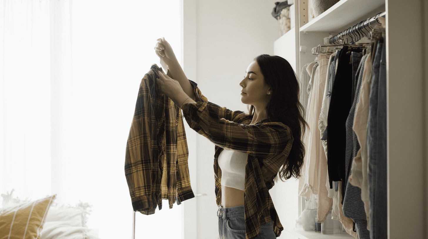 Kobieta stojąca przed otwartą szafą, która komponuje strój inspirowany modą lat 90., łącząc jeansy mom fit z flanelową koszulą.