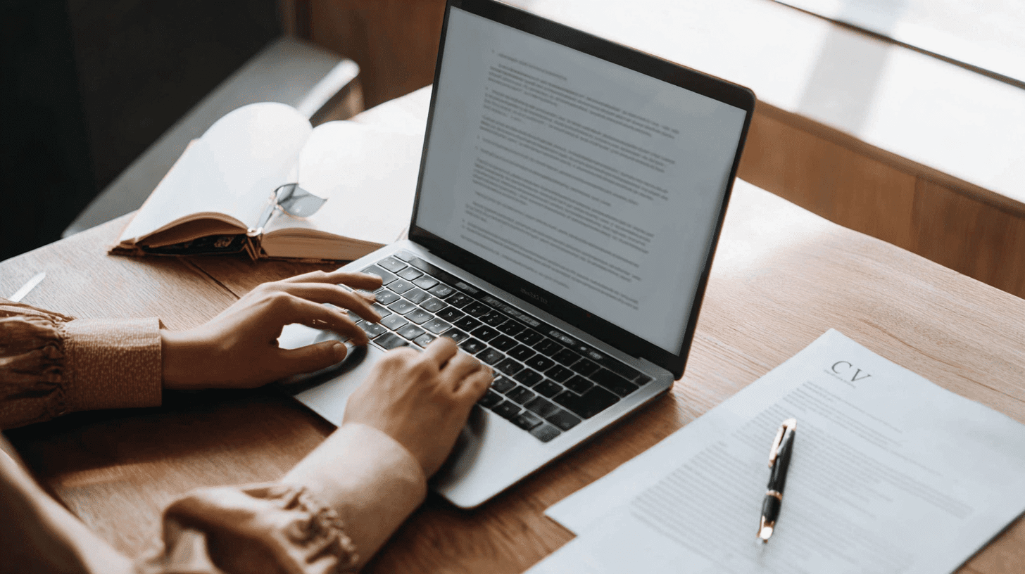Osoba pisząca na laptopie profesjonalny list motywacyjny, korzystając z dostępnych wzorów i przykładów.