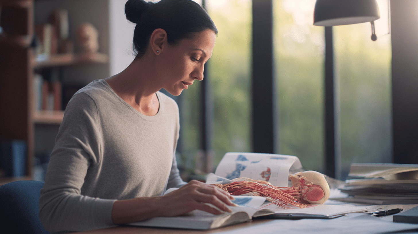 Kobieta ucząca się z podręczników i diagramów anatomicznych w ramach studiów podyplomowych z logopedii