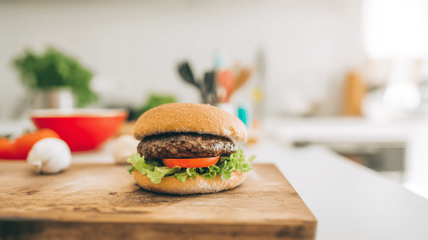 Apetyczny domowy burger z soczystym mięsem wołowym podany na drewnianej desce w jasnej kuchni.