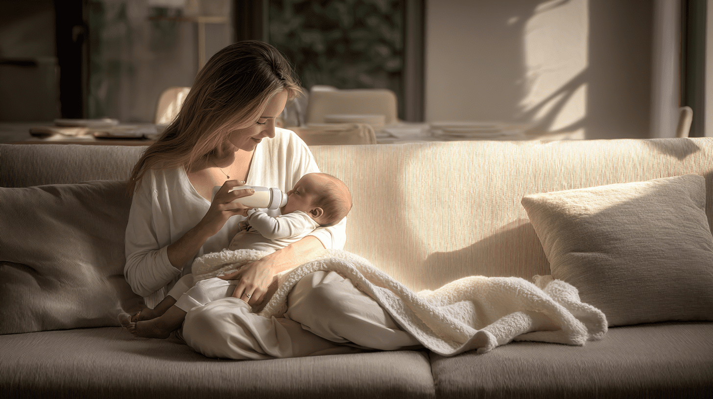 Mama trzymająca w ramionach niemowlę i karmiąca je butelką z mlekiem modyfikowanym 1 w przytulnym pokoju.