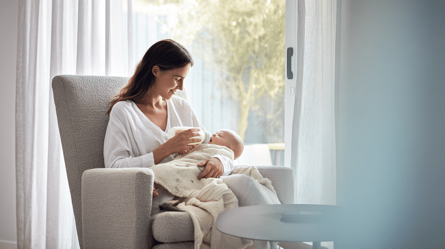 Mama karmiąca niemowlę butelką z mlekiem modyfikowanym dla alergików w jasnym i przytulnym pokoju.