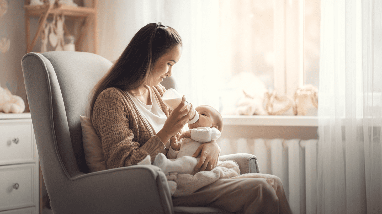 Mama trzymająca noworodka na rękach i karmiąca go mlekiem modyfikowanym z butelki w jasnym, przytulnym pokoju.