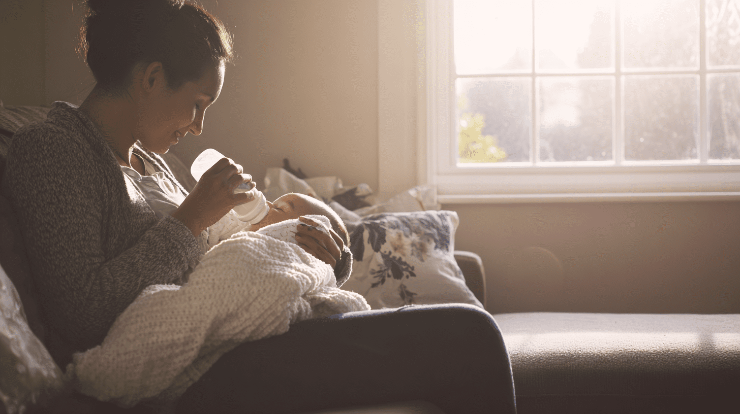 Mama karmiąca niemowlę butelką w jasnym pokoju, nawiązująca do tematu: mleko modyfikowane ranking i wybór mieszanki.