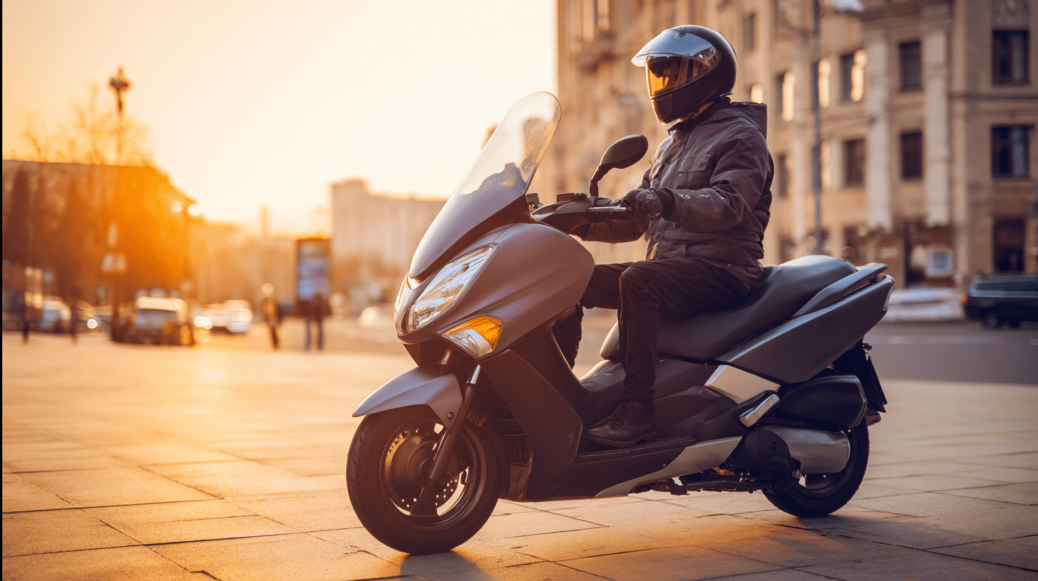 Kierowca na nowoczesnym motocyklu z automatyczną skrzynią biegów w miejskim otoczeniu