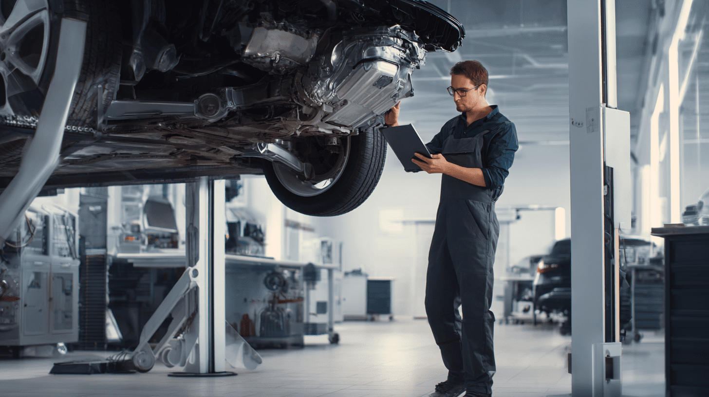 Doświadczony mechanik diagnozuje usterkę w ramach profesjonalnej naprawy skrzyni automatycznej w nowoczesnym warsztacie samochodowym.