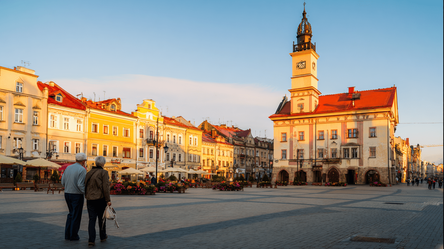 Para turystów spacerująca po Rynku w Nowym Sączu z widokiem na zabytkowy Ratusz podczas słonecznego dnia.