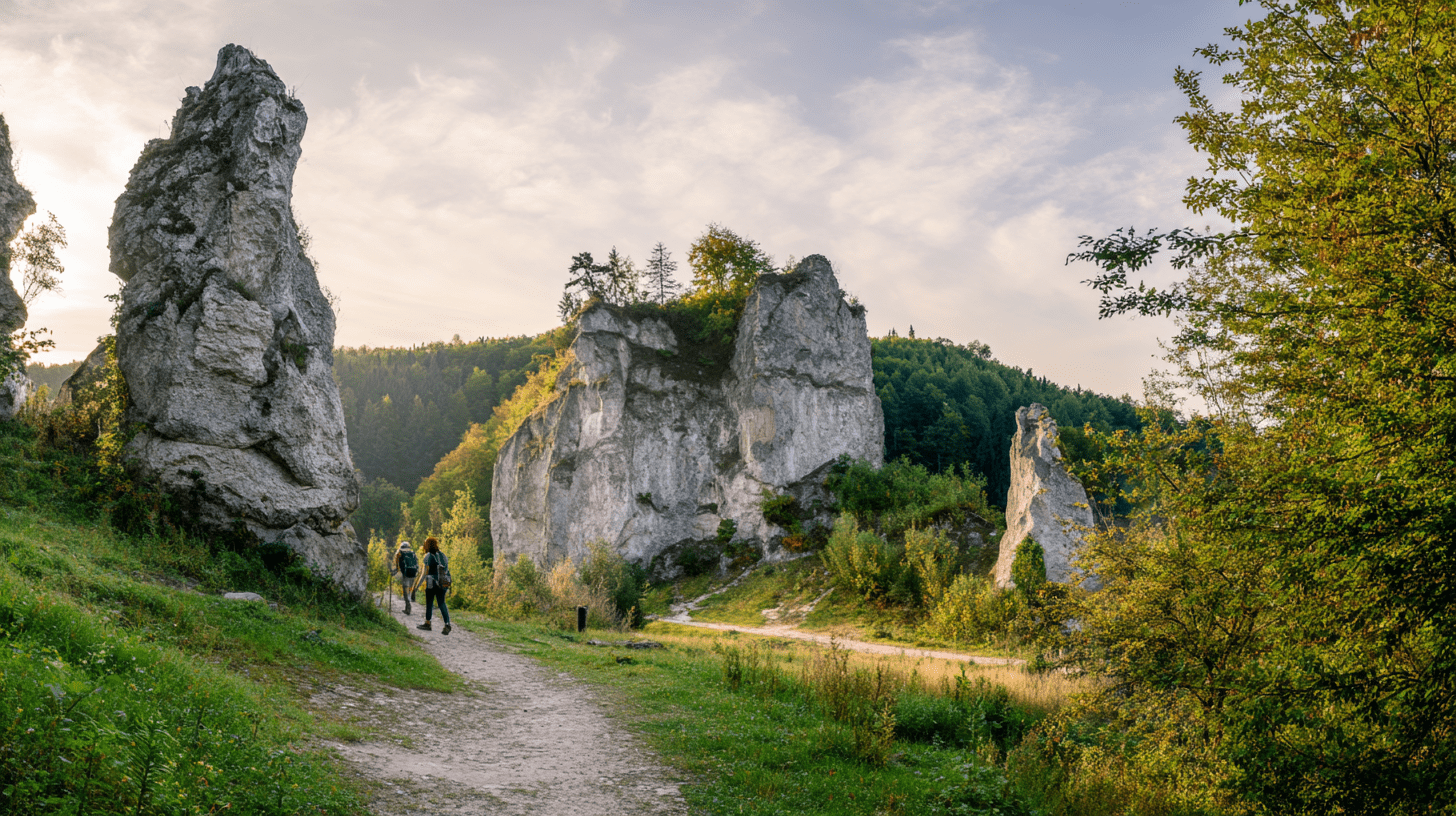 Para turystów na szlaku w Ojcowskim Parku Narodowym na tle wapiennych skał