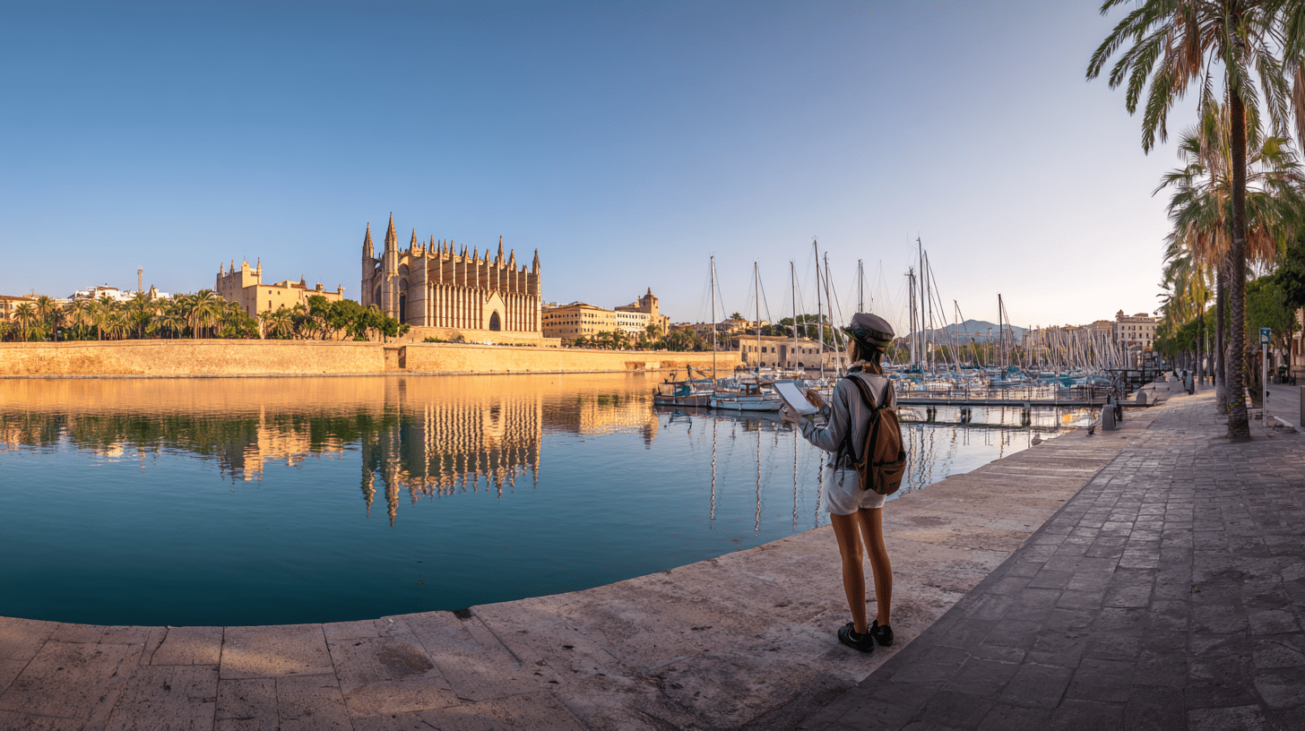 Turystka podziwiająca panoramę Palma de Mallorca z widokiem na katedrę La Seu podczas słonecznego dnia.