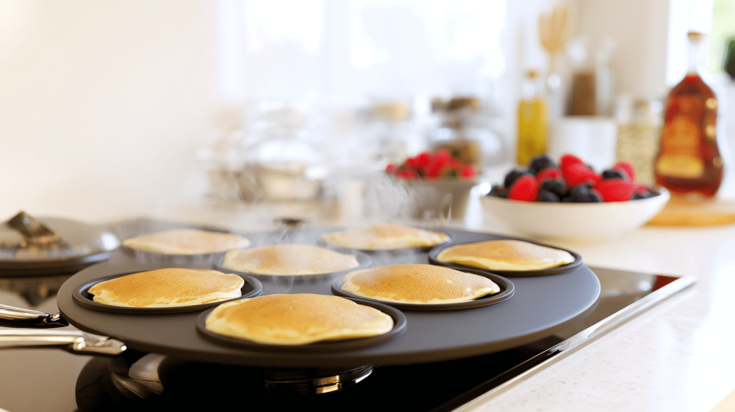 Specjalna patelnia do pancakes z okrągłymi wgłębieniami, na której smażą się idealnie równe, złociste placki.